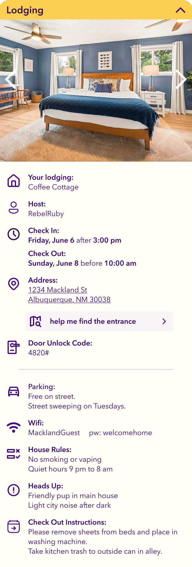 Traveler dashboard scrolling through Lodging details
